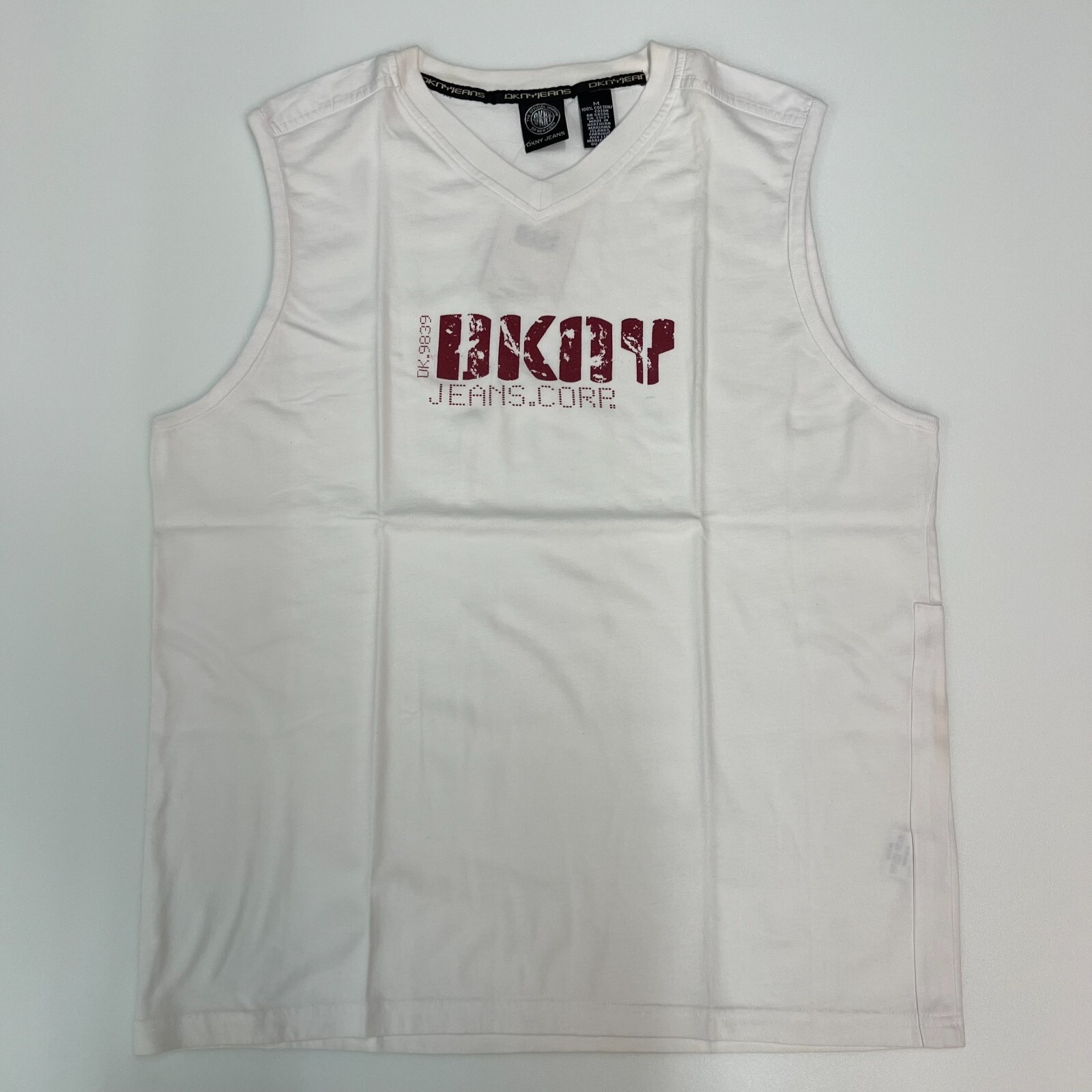Dkny Jeans Muscle Tee Men M White V-Neck Distressed Graphic Logo Vtg Nwt